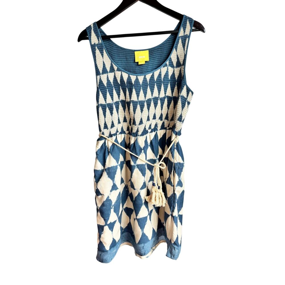 Maeve Anthropologie Dress Size 14 Blue Cream Boho Smocked Tassel